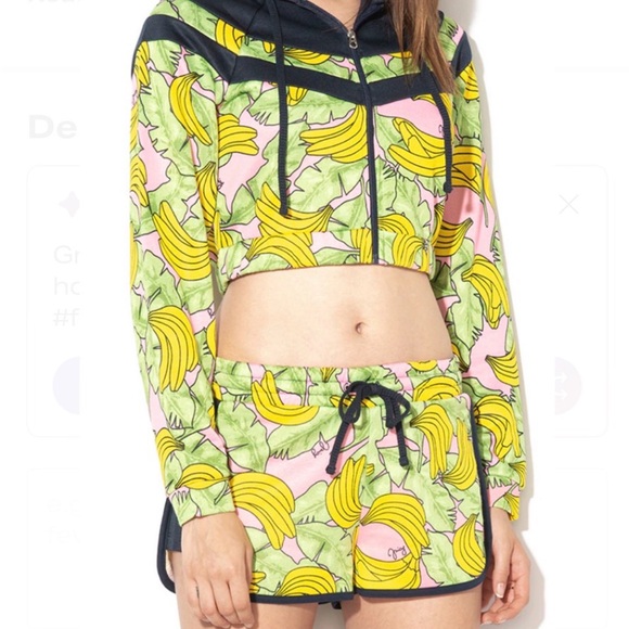 Juicy Couture 2 Piece Set Cropped Hoodie Zip Jacket & Shorts Bananas Large Y2K - Picture 2 of 10
